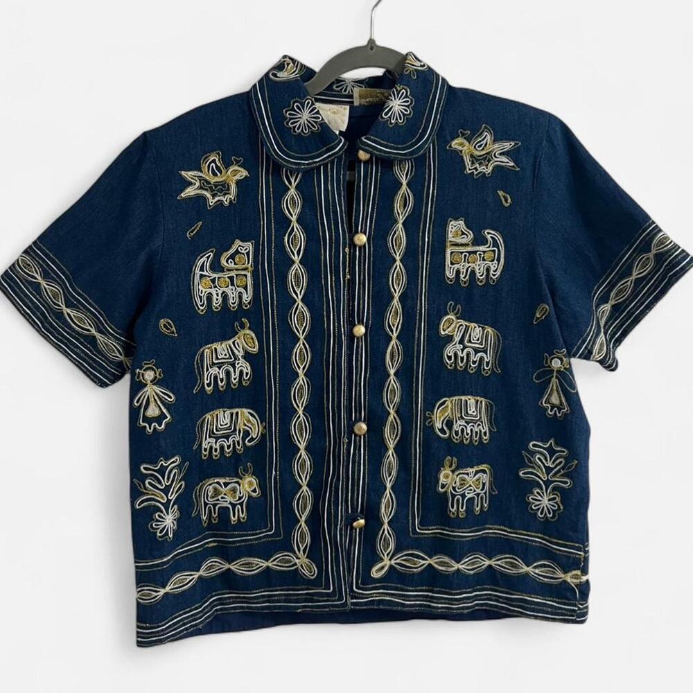 Vintage Country Wear Casuals Western Embroidered Denim Top